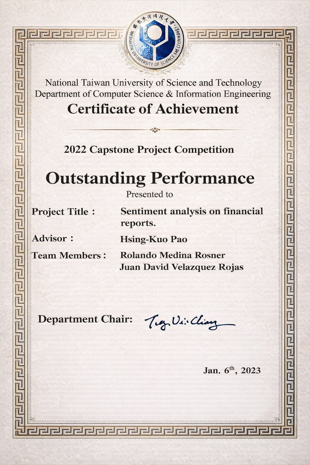 Certificado de Achievement en Capstone Project Competition 2022