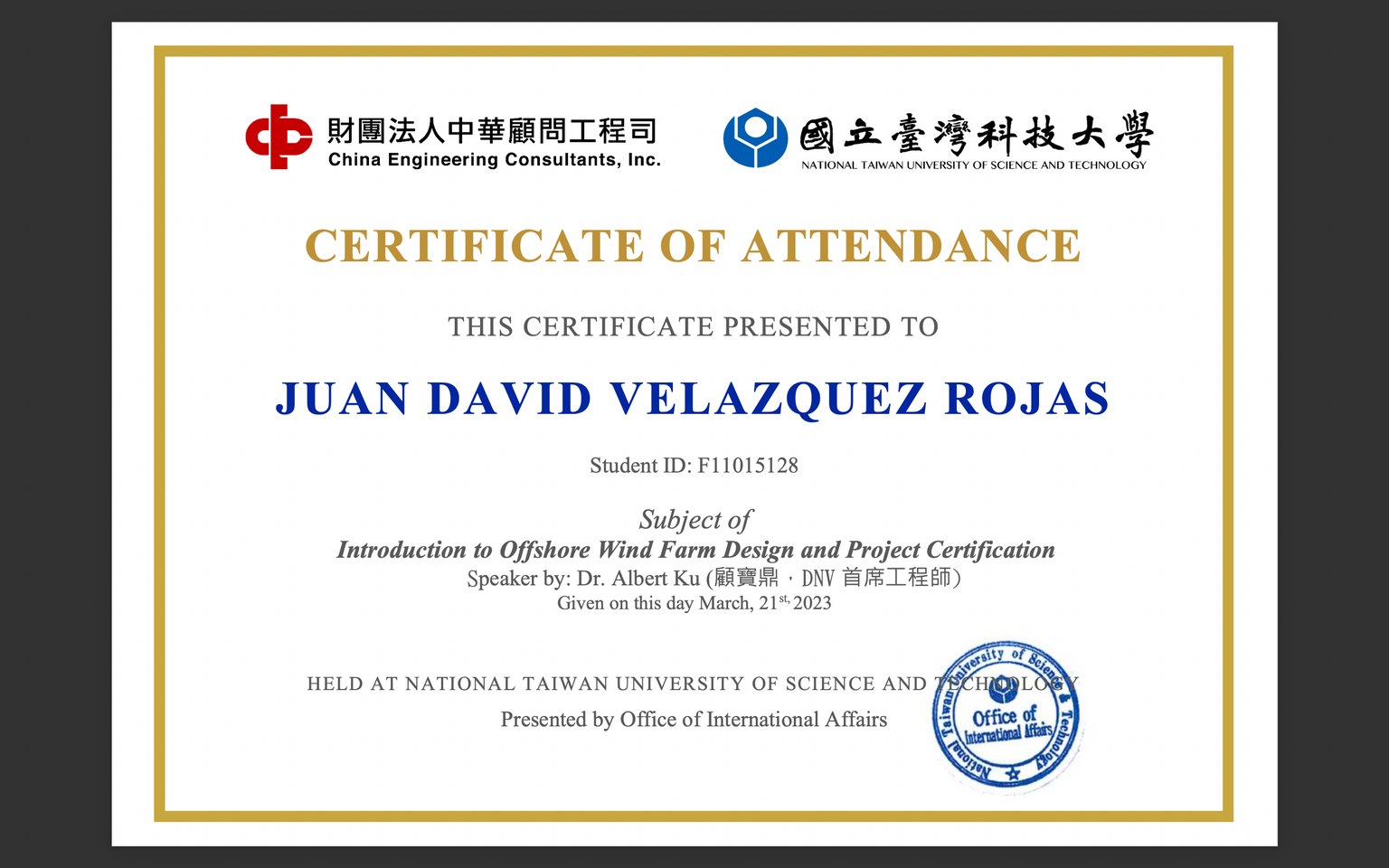 Certificado de Introduction to Offshore Wind Farm Design and Project Certification